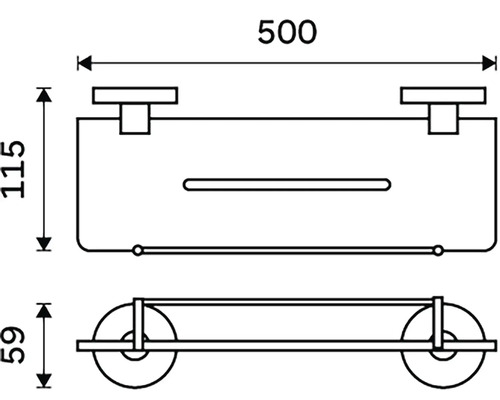 Technický výkres nástěnné krabice o rozměrech 500 x 115 x 59 milimetrů.