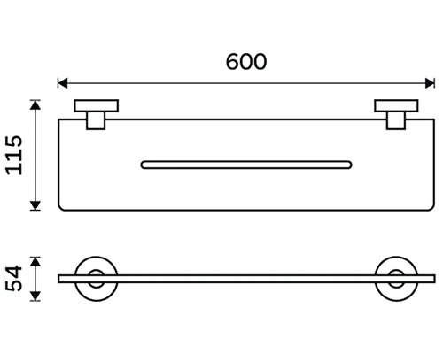 Technický nákres koupelnové police s držákem na ručníky a rozměry