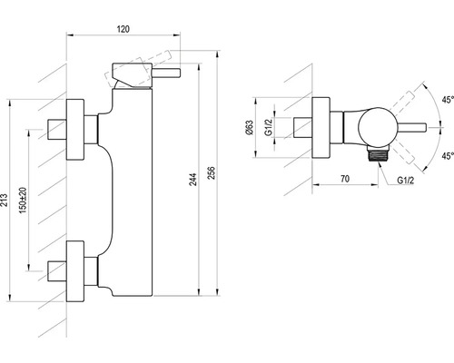 Technický nákres armatury s rozměry.