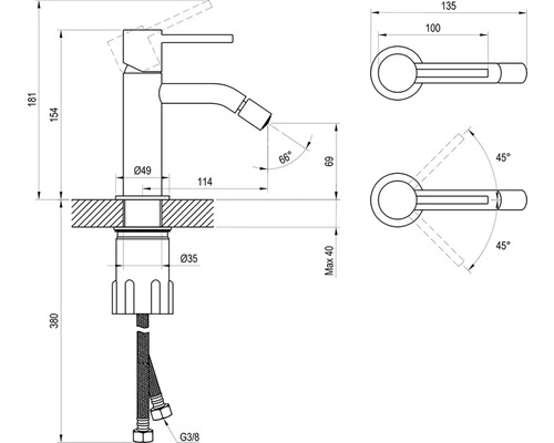 Technický výkres bidetové baterie s rozměry