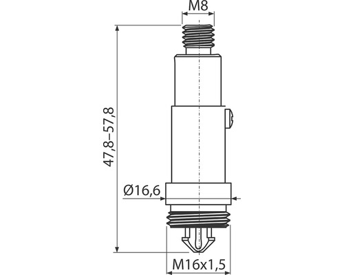Technický výkres součásti o rozměrech M8, 47,8 až 57,8, průměr 16,6 a M16x1,5