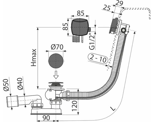 Technický nákres vanového odpadu s rozměry