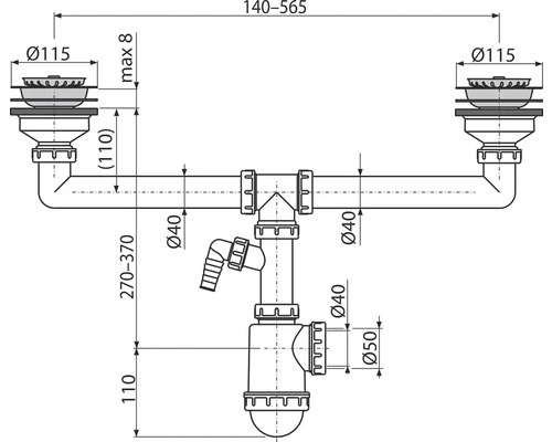 Nákres sifonu pro dvojité umyvadlo s rozměry