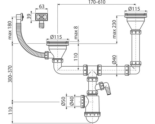 Technický výkres umyvadlového odtokového systému s rozměry