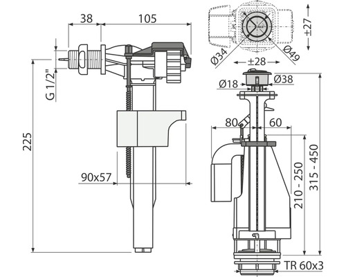 Technický výkres napouštěcího ventilu s rozměry