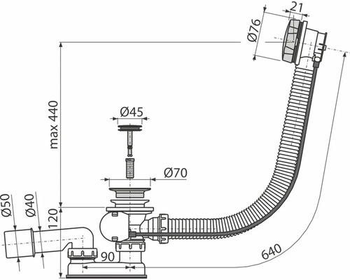 Technický výkres sifonu s rozměry