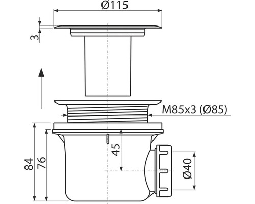 Technický nákres podlahové vpusti s rozměry