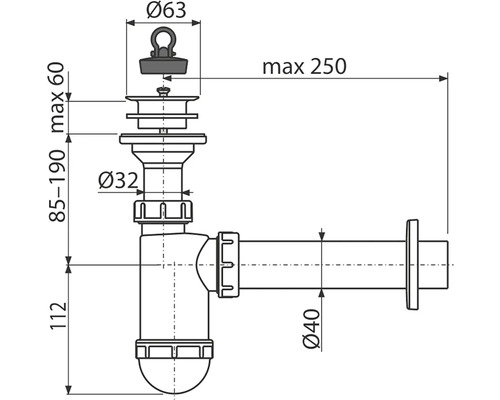 Technický výkres sifonu s rozměry
