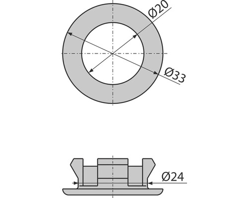 Technický nákres těsnicího prvku s rozměry: vnitřní 20 mm, vnější 33 mm a výška 24 mm.