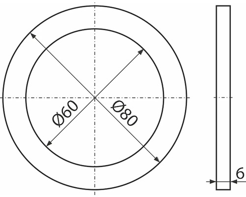 Technický výkres podložky o průměru 60 a 80 milimetrů a tloušťce 6 milimetrů