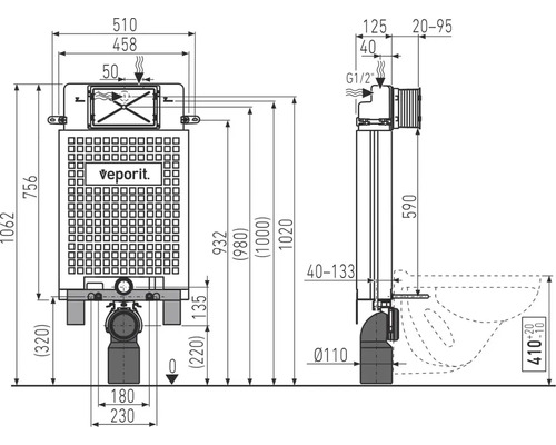 Technický nákres splachovací nádrže s rozměry