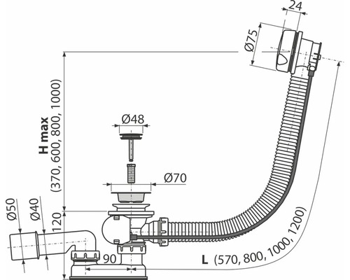 Technický nákres sifonu s rozměry