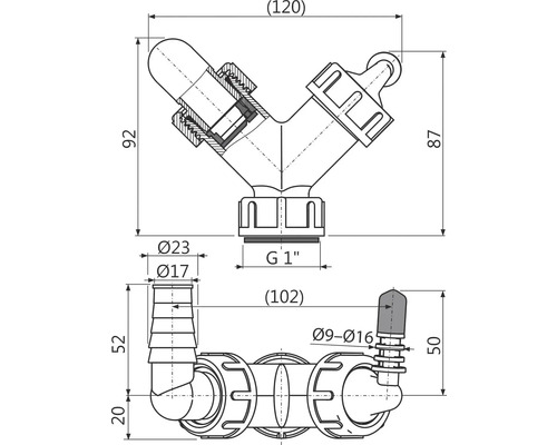 Technický nákres Y-konektoru s rozměry