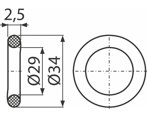 Technický výkres O-kroužku o rozměrech 2,5 mm, průměru 29 mm a průměru 34 mm