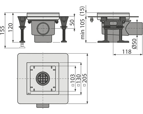 Technický výkres podlahového odtoku s rozměry.