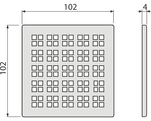 Čtvercové víko odtoku s rozměry: 102 x 102 x 4 milimetry