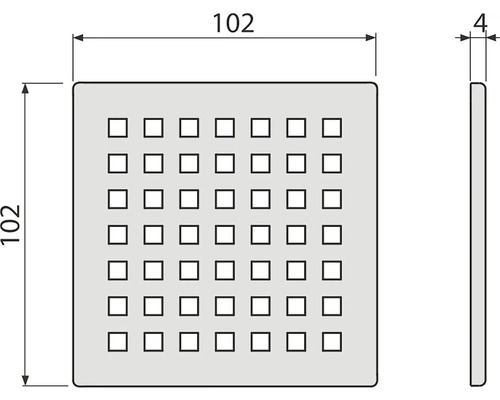 Technický nákres sprchového žlabu s čtvercovými výřezy o rozměrech 102 krát 102 krát 4 milimetry.