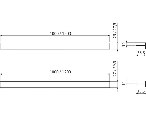Technický výkres dvou profilových lišt s rozměry