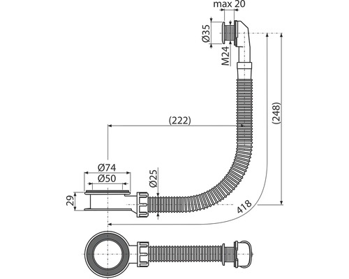 Technický výkres sifonu s rozměry