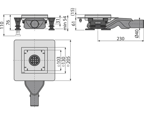 Technický nákres podlahové vpusti s rozměry.