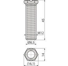 Technický nákres šroubu M12 o rozměrech 45 mm délka, 8,5 mm průměr a 16,1 mm velikost klíče