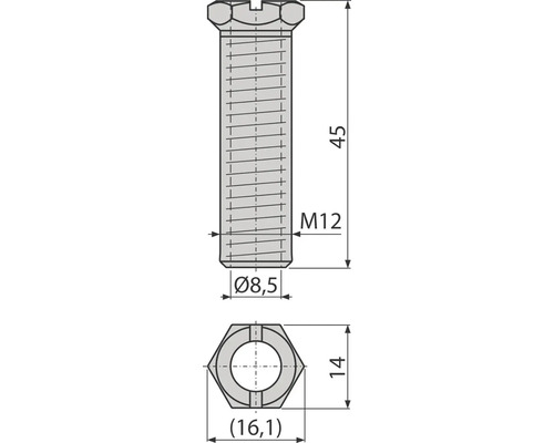 Technický nákres šroubu M12 o rozměrech 45 mm délka, 8,5 mm průměr a 16,1 mm velikost klíče