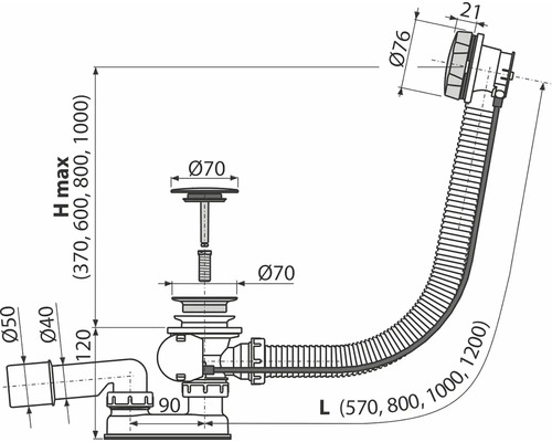 Nákres sifonu s rozměry