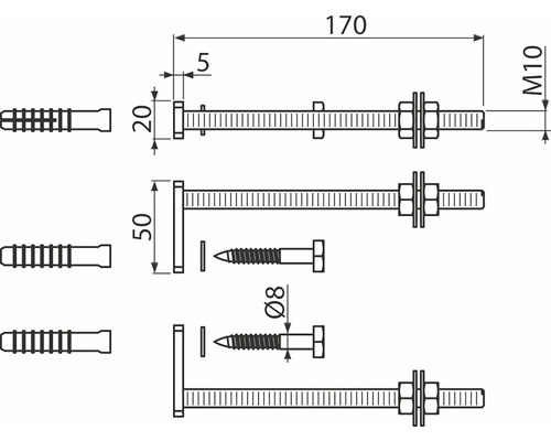 Technický výkres nástěnných držáků s hmoždinkami a šrouby