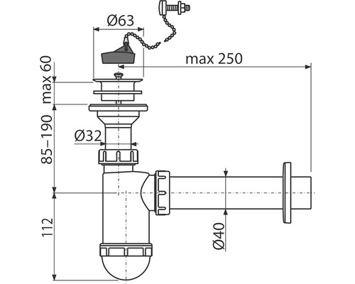 Technický výkres sifonu s rozměry