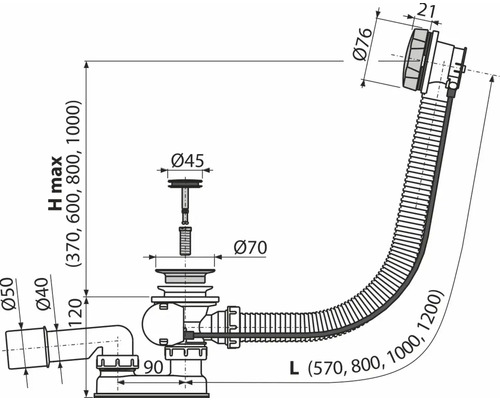 Technický výkres odtokové soupravy s rozměry
