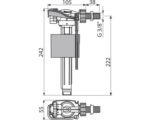 Technický nákres plovákového ventilu s rozměry