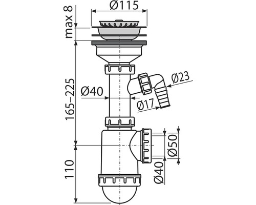Technický nákres sifonu s rozměry