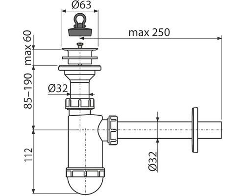 Technický nákres sifonu s rozměry