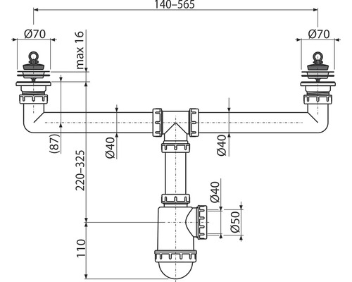 Technický nákres sifonu s rozměry