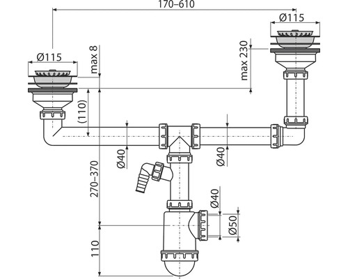Obrázek rozměrů pro sadu odtoku dřezu