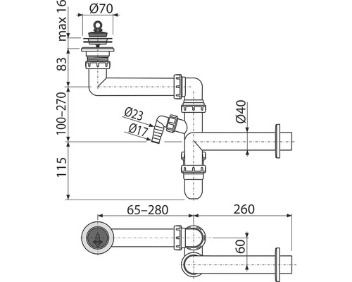 Technický výkres sifonu s rozměry