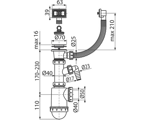 Technický výkres odtokové soupravy s rozměry