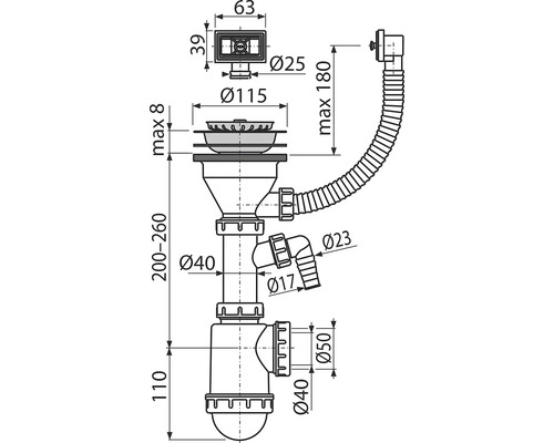 Technický výkres sifonu s rozměry