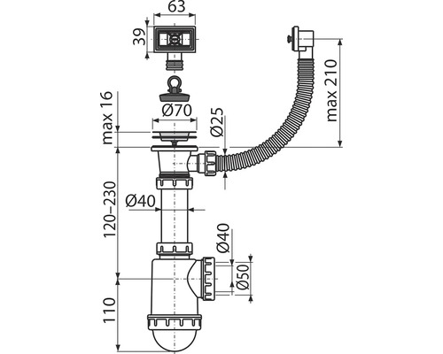 Technický výkres sifonu s rozměry