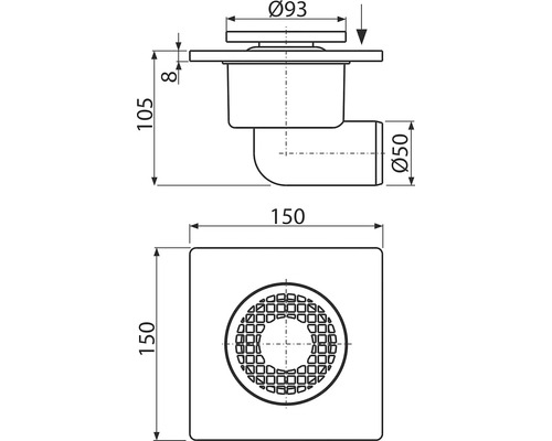 Technický výkres podlahového vpusti s rozměry