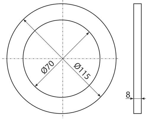 Technický výkres prstence o průměru 70 milimetrů a 115 milimetrů a tloušťce 8 milimetrů