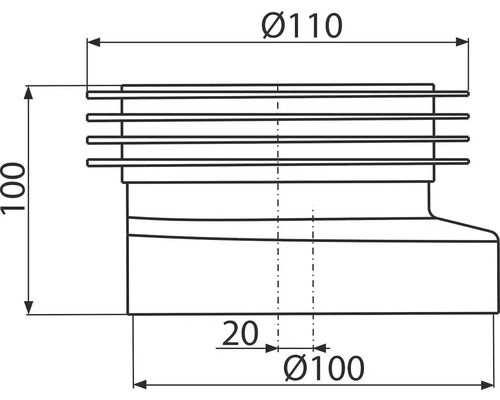 Technický nákres trubkového adaptéru o rozměrech 100, 110 a 20 milimetrů