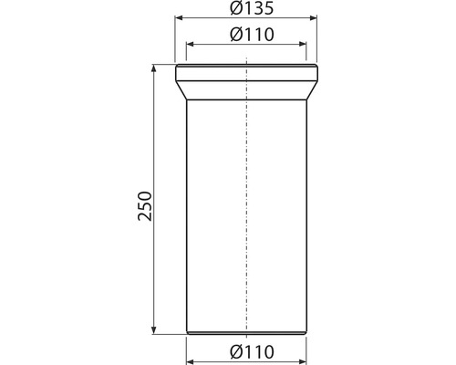 Technický nákres trubky o rozměrech 250 milimetrů na výšku a 110 až 135 milimetrů v průměru