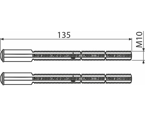 Nákres dvou šroubů se závitem, délka 135 mm a velikost závitu M10.