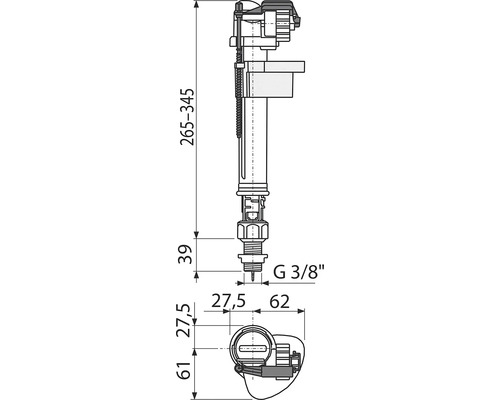 Technický nákres napouštěcího ventilu splachovací nádržky s rozměry
