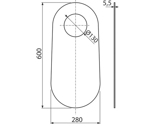 Technický výkres závěsného oka o rozměrech 600 x 280 milimetrů a tloušťce 5,5 milimetru.