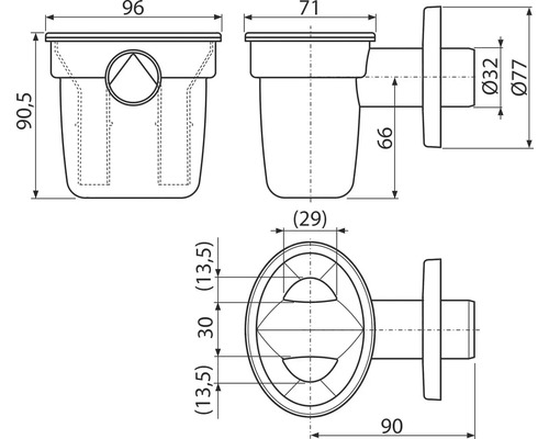Technický nákres odtokového ventilu s rozměry