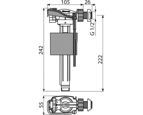 Technický výkres napouštěcího ventilu s rozměry.