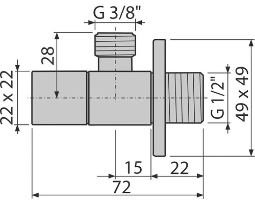 Technický výkres rohového ventilu s rozměry