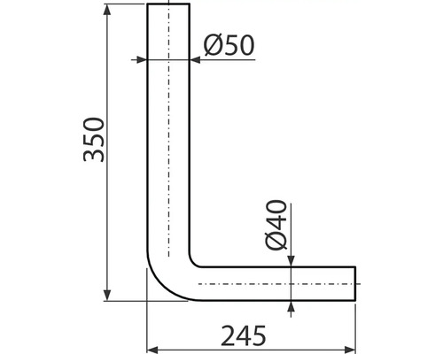 Technický nákres trubkového kolena o rozměrech 350 x 245 milimetrů a průměrech 50 a 40 milimetrů.